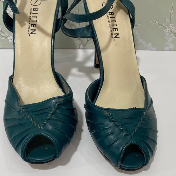Vintage Bitten SJP Teal High Heel Peep Toe Sandals Size 7 Leather Upper Womens - Picture 2 of 7